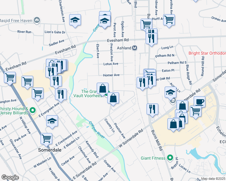 map of restaurants, bars, coffee shops, grocery stores, and more near 317 Preston Avenue in Voorhees Township