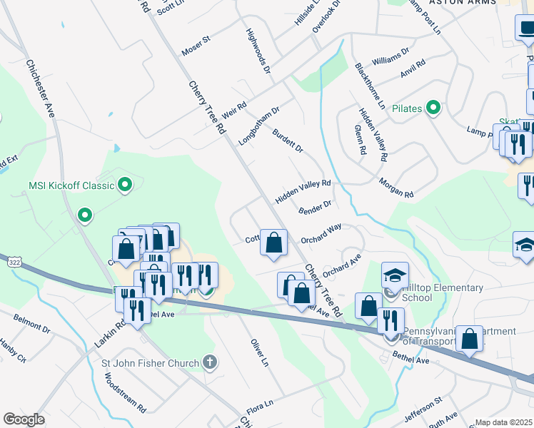 map of restaurants, bars, coffee shops, grocery stores, and more near 692 Cherry Tree Road in Aston