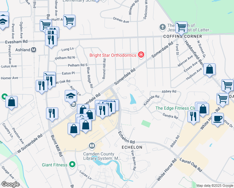 map of restaurants, bars, coffee shops, grocery stores, and more near 131 Echelon Road in Voorhees Township