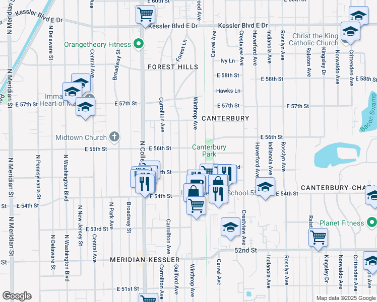 map of restaurants, bars, coffee shops, grocery stores, and more near 5524 Winthrop Avenue in Indianapolis