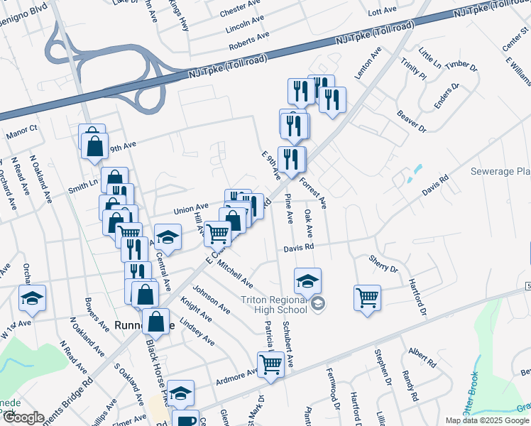 map of restaurants, bars, coffee shops, grocery stores, and more near 620 East Clements Bridge Road in Runnemede