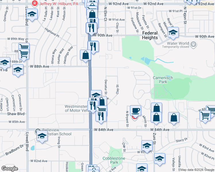 map of restaurants, bars, coffee shops, grocery stores, and more near 8654 Decatur Street in Westminster