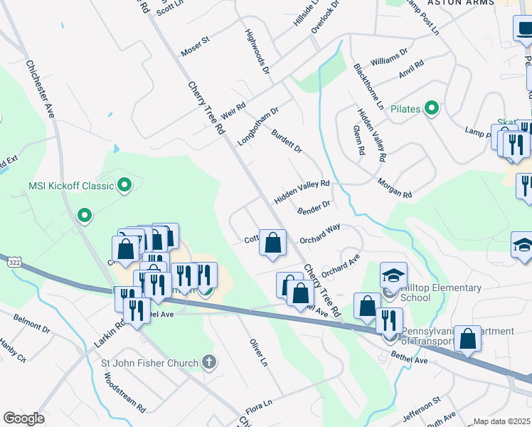 map of restaurants, bars, coffee shops, grocery stores, and more near 692 Cherry Tree Road in Aston