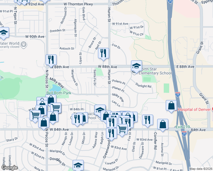 map of restaurants, bars, coffee shops, grocery stores, and more near 8651 Huron Street in Thornton