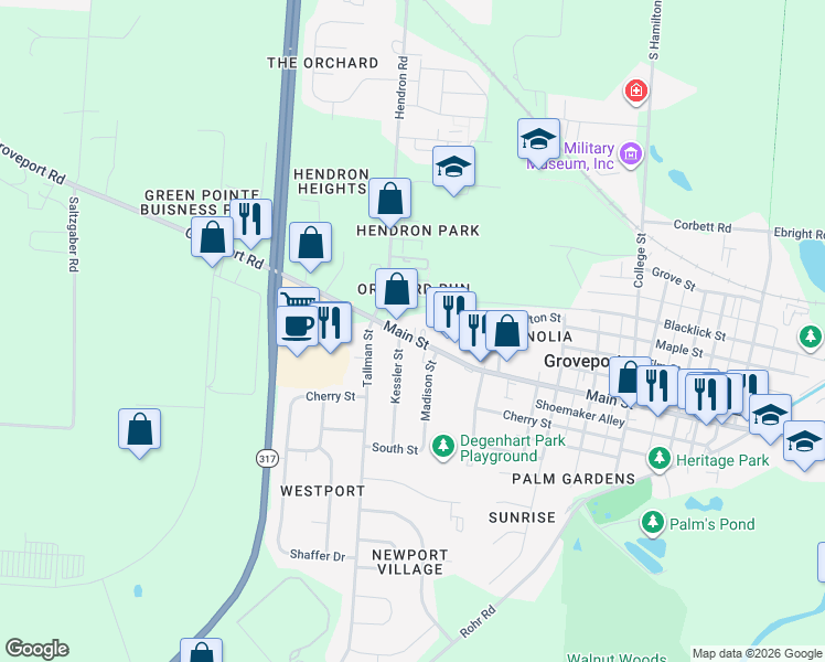 map of restaurants, bars, coffee shops, grocery stores, and more near 177 Main Street in Groveport