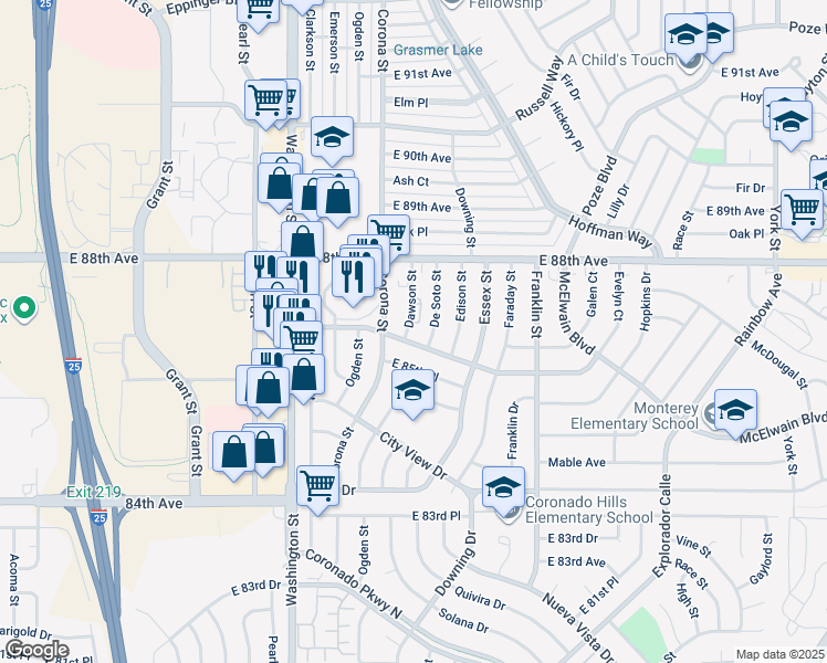 map of restaurants, bars, coffee shops, grocery stores, and more near 8670 Dawson Street in Denver