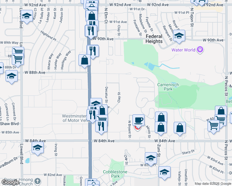 map of restaurants, bars, coffee shops, grocery stores, and more near 8645 Clay Street in Westminster