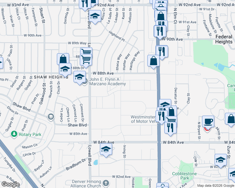 map of restaurants, bars, coffee shops, grocery stores, and more near 8701 Irving Street in Westminster