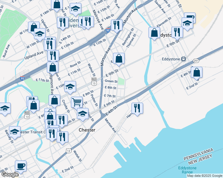 map of restaurants, bars, coffee shops, grocery stores, and more near 701 McIlvain Street in Chester