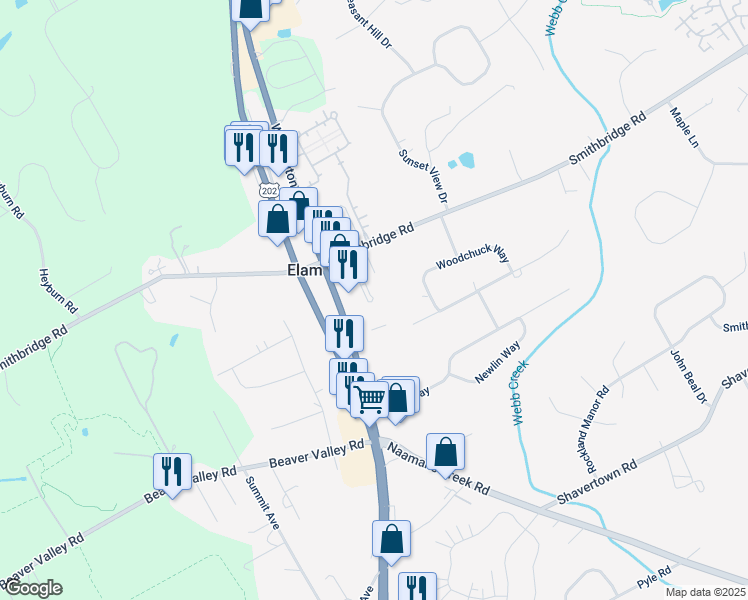 map of restaurants, bars, coffee shops, grocery stores, and more near 257-275 Wilmington West Chester Pike in Glen Mills