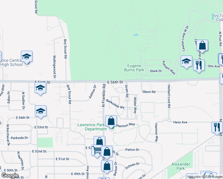 map of restaurants, bars, coffee shops, grocery stores, and more near 8014 Buford Street in Indianapolis
