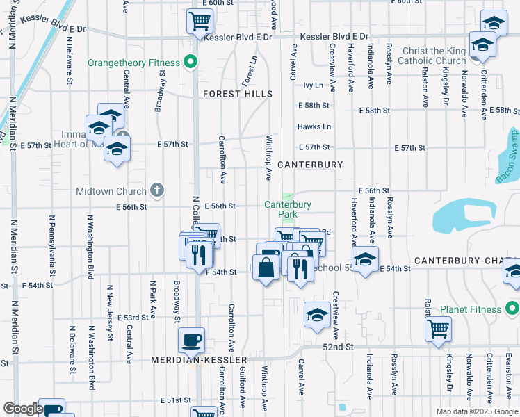 map of restaurants, bars, coffee shops, grocery stores, and more near 5524 Winthrop Avenue in Indianapolis