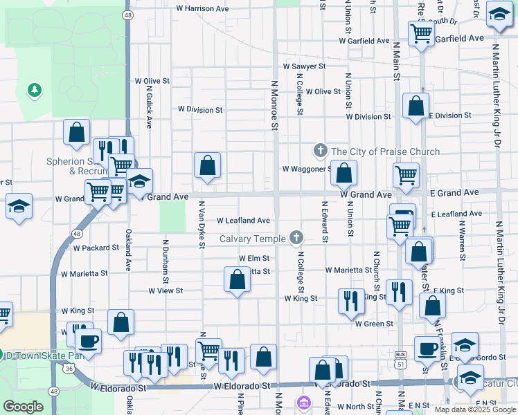 map of restaurants, bars, coffee shops, grocery stores, and more near 669 West Leafland Avenue in Decatur