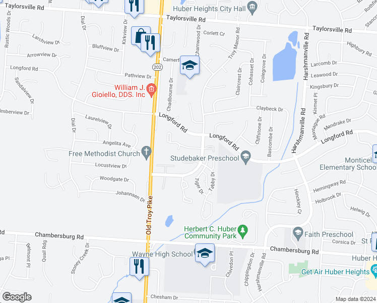 map of restaurants, bars, coffee shops, grocery stores, and more near 5831 Troy Villa Boulevard in Dayton