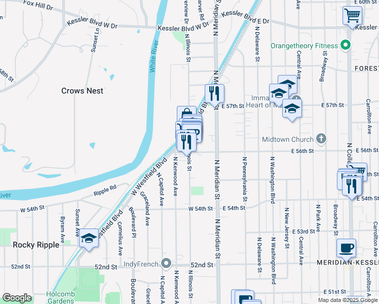 map of restaurants, bars, coffee shops, grocery stores, and more near North Illinois Street & West 56th Street in Indianapolis
