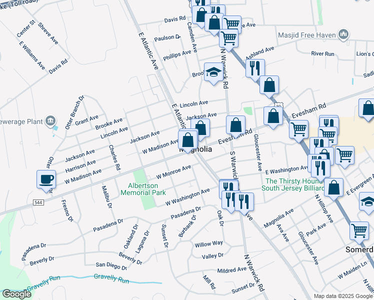 map of restaurants, bars, coffee shops, grocery stores, and more near 301 Evesham Avenue West in Magnolia