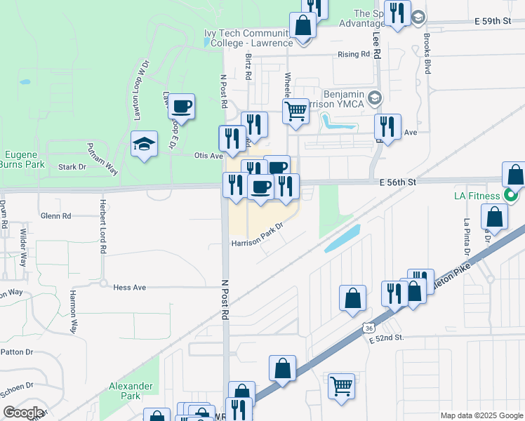 map of restaurants, bars, coffee shops, grocery stores, and more near 5401 North Post Road in Indianapolis