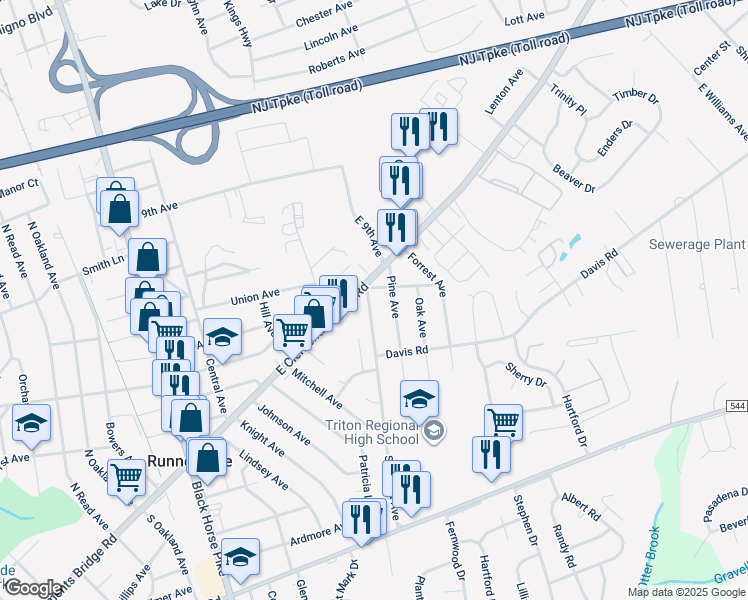 map of restaurants, bars, coffee shops, grocery stores, and more near 108 Schubert Avenue in Runnemede
