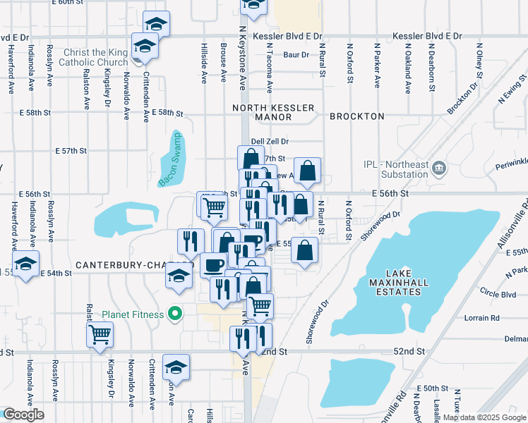 map of restaurants, bars, coffee shops, grocery stores, and more near 5535 North Keystone Avenue in Indianapolis