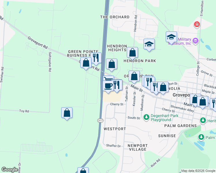 map of restaurants, bars, coffee shops, grocery stores, and more near 6011 Groveport Road in Groveport