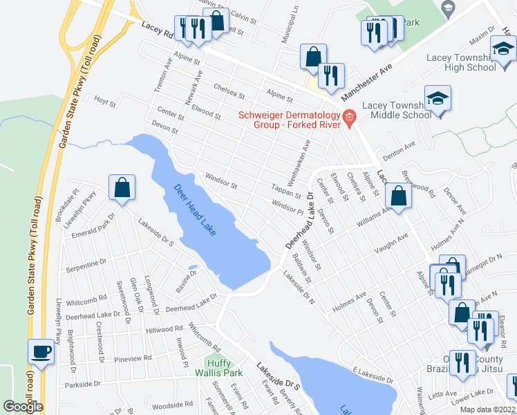 map of restaurants, bars, coffee shops, grocery stores, and more near 810 Baldwin Street in Forked River