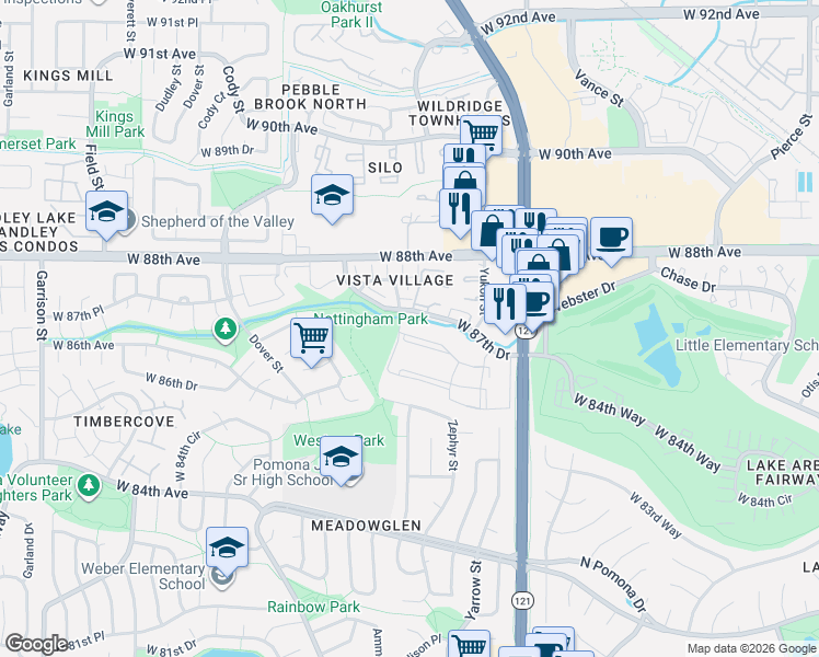 map of restaurants, bars, coffee shops, grocery stores, and more near 7770 West 87th Drive in Arvada