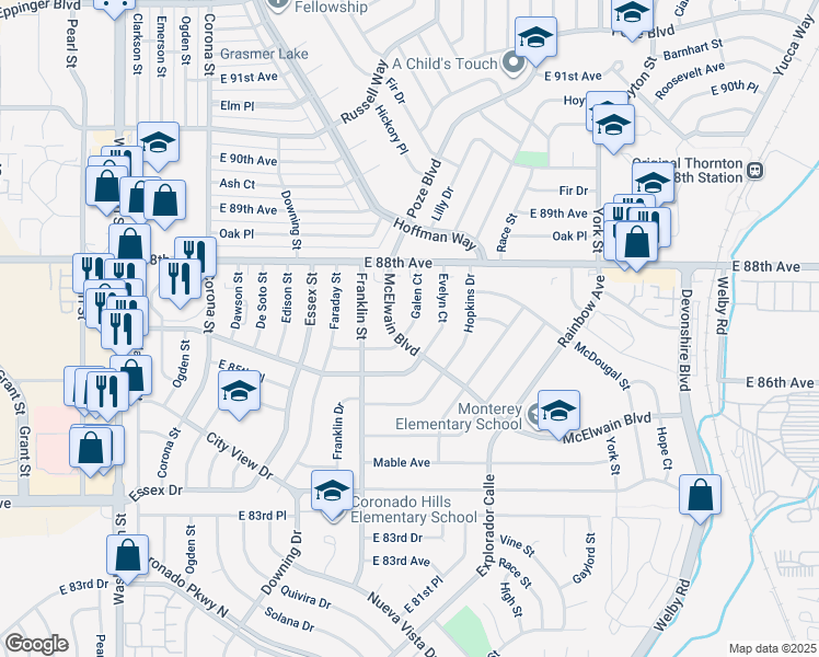 map of restaurants, bars, coffee shops, grocery stores, and more near 1680 East 86th Place in Denver