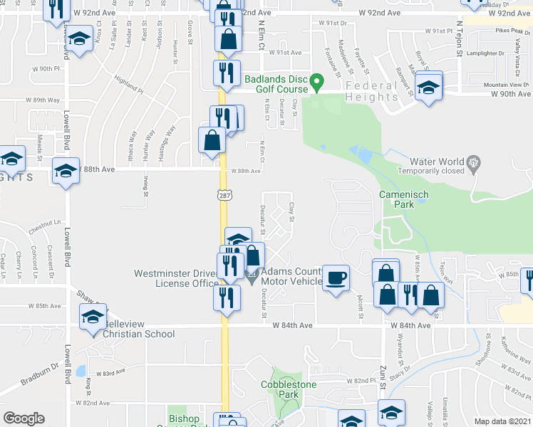 map of restaurants, bars, coffee shops, grocery stores, and more near 8654 Decatur Street in Westminster
