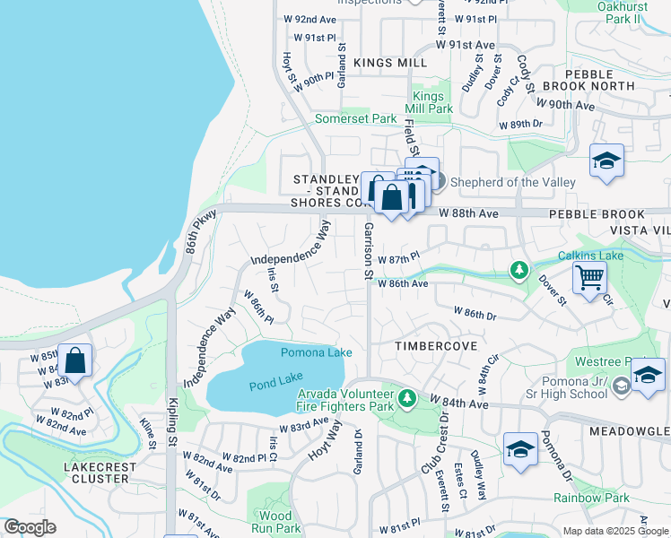 map of restaurants, bars, coffee shops, grocery stores, and more near 8708 Garrison Court in Arvada