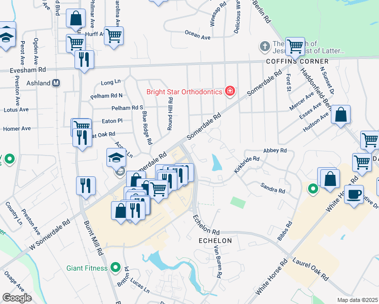 map of restaurants, bars, coffee shops, grocery stores, and more near 7000 Abitare Boulevard in Voorhees Township