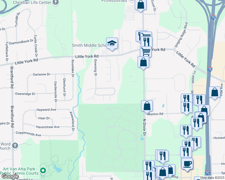 map of restaurants, bars, coffee shops, grocery stores, and more near 3580 Village Green Drive in Dayton