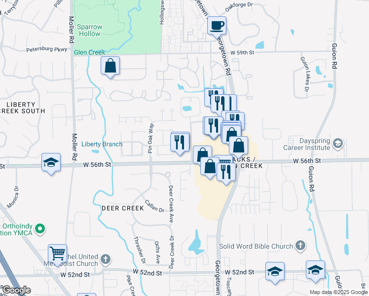 map of restaurants, bars, coffee shops, grocery stores, and more near 4911 Peony Place in Indianapolis