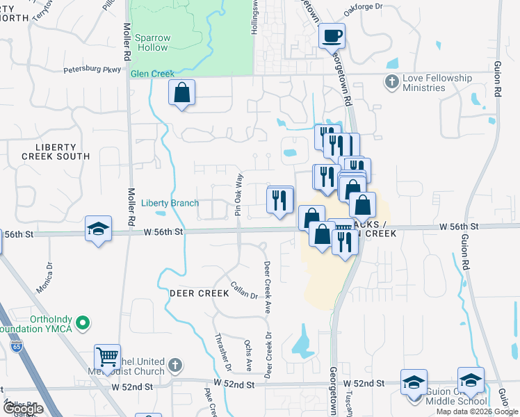 map of restaurants, bars, coffee shops, grocery stores, and more near 4951 Peony Place in Indianapolis