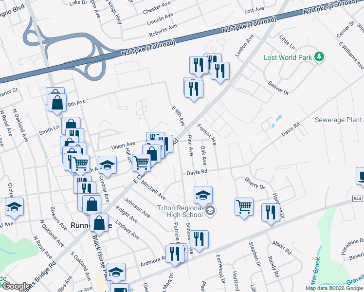 map of restaurants, bars, coffee shops, grocery stores, and more near 130 Schubert Avenue in Runnemede