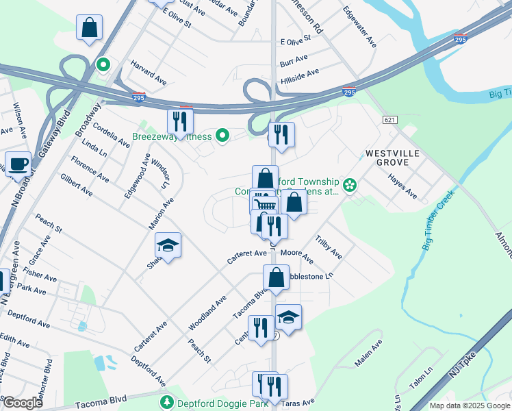 map of restaurants, bars, coffee shops, grocery stores, and more near 1205 Chestnut Lane in Westville