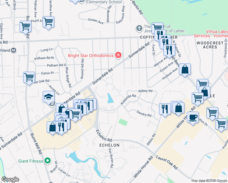 map of restaurants, bars, coffee shops, grocery stores, and more near 1129 Thackary Court in Voorhees Township