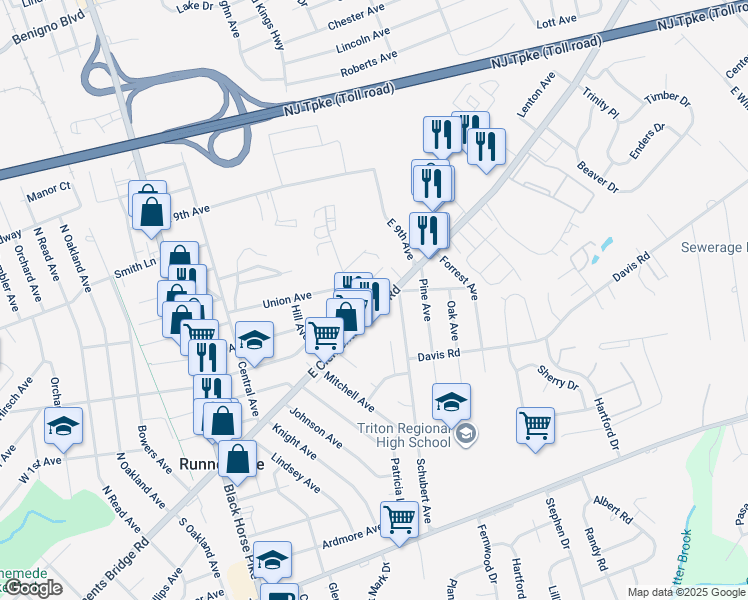 map of restaurants, bars, coffee shops, grocery stores, and more near 620 East Clements Bridge Road in Runnemede