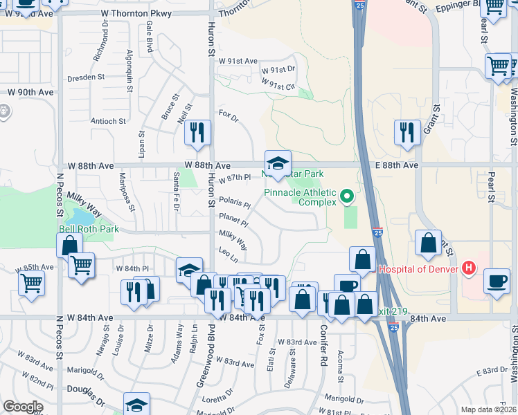 map of restaurants, bars, coffee shops, grocery stores, and more near 605 Planet Place in Thornton