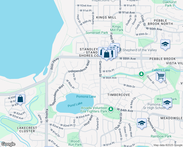 map of restaurants, bars, coffee shops, grocery stores, and more near 8708 Garrison Court in Arvada