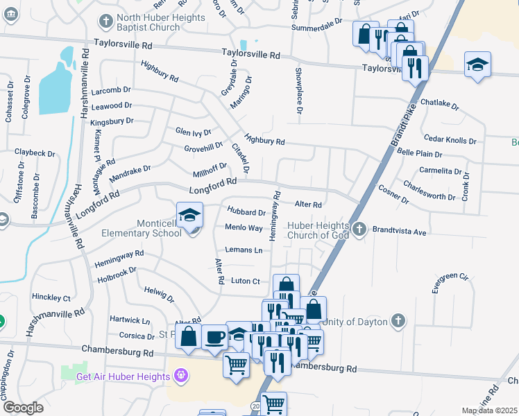 map of restaurants, bars, coffee shops, grocery stores, and more near 7035 Hubbard Drive in Dayton