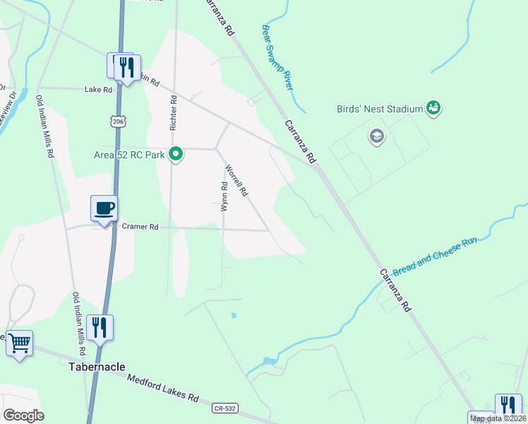 map of restaurants, bars, coffee shops, grocery stores, and more near 7 Riedel Drive in Tabernacle