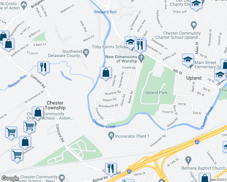 map of restaurants, bars, coffee shops, grocery stores, and more near 3917 Worrilow Road in Brookhaven