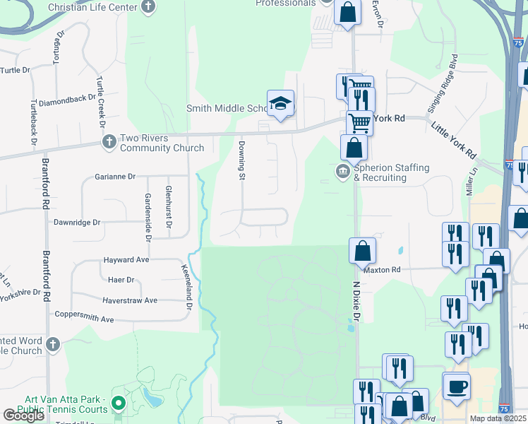 map of restaurants, bars, coffee shops, grocery stores, and more near 3532 Village Green Drive in Dayton