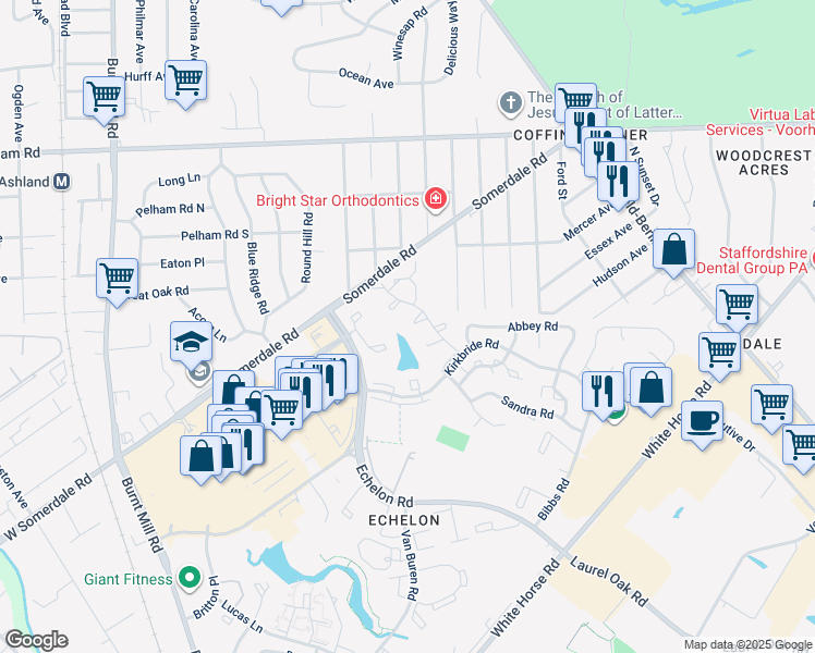 map of restaurants, bars, coffee shops, grocery stores, and more near 1087 Pendleton Court in Voorhees Township