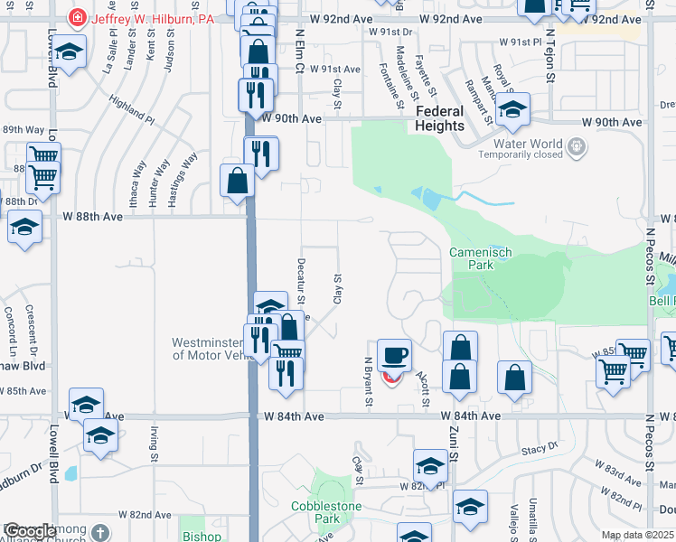 map of restaurants, bars, coffee shops, grocery stores, and more near 8685 Clay Street in Westminster