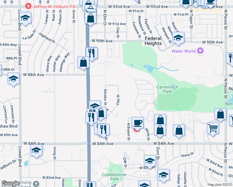 map of restaurants, bars, coffee shops, grocery stores, and more near 8685 Clay Street in Westminster