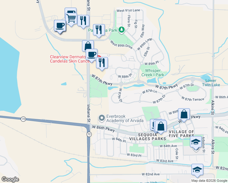 map of restaurants, bars, coffee shops, grocery stores, and more near 14444 West 88th Drive in Arvada