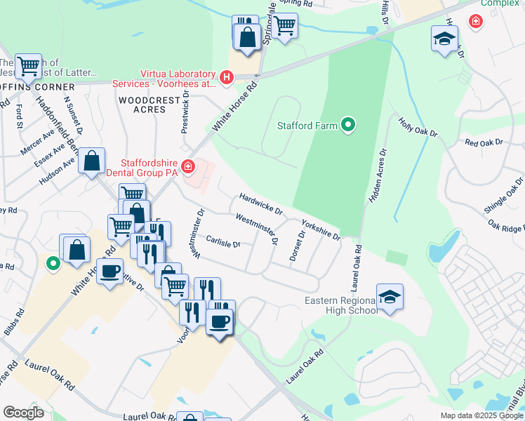map of restaurants, bars, coffee shops, grocery stores, and more near 15 Hardwicke Drive in Voorhees Township