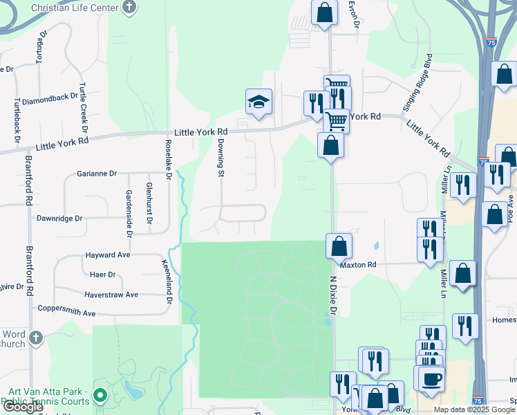 map of restaurants, bars, coffee shops, grocery stores, and more near 7420 New York Way in Dayton