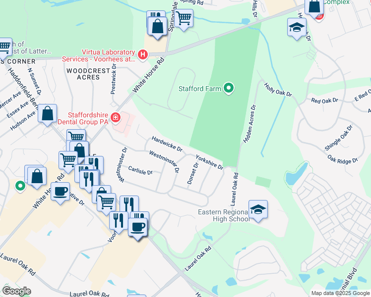 map of restaurants, bars, coffee shops, grocery stores, and more near 23 Hardwicke Drive in Voorhees Township